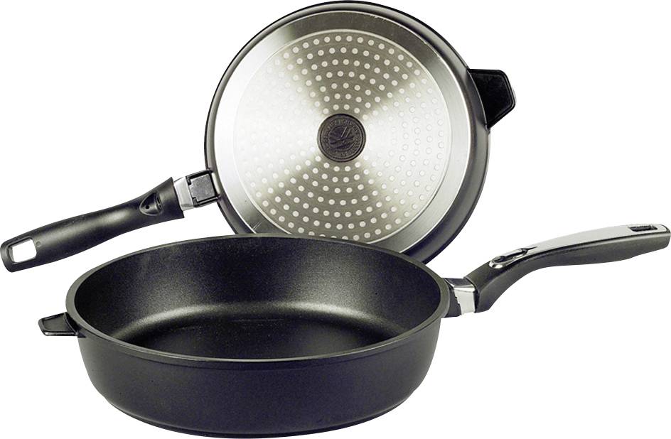 Dwie czarne patelnie metalowe, jedna płaska, a druga głębsza, z uchwytami, pokazane na białym tle.