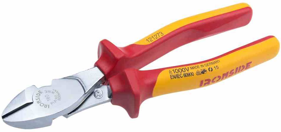 Obcinaczki boczne z czerwonymi i żółtymi uchwytami, odpowiednie do prac do 1000 V. Oznaczone napisami 'IRONSIDE' i 'Made in Germany'.