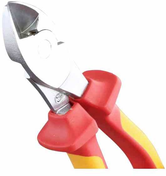 Obcinaczki boczne z czerwonymi i żółtymi uchwytami do cięcia drutu lub kabli.