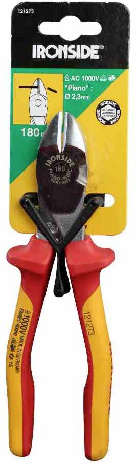 Szczypce w opakowaniu marki Ironside, odpowiednie do prac przy napięciu do 1000V. Czerwone i żółte uchwyty symbolizujące bezpieczeństwo elektryczne.