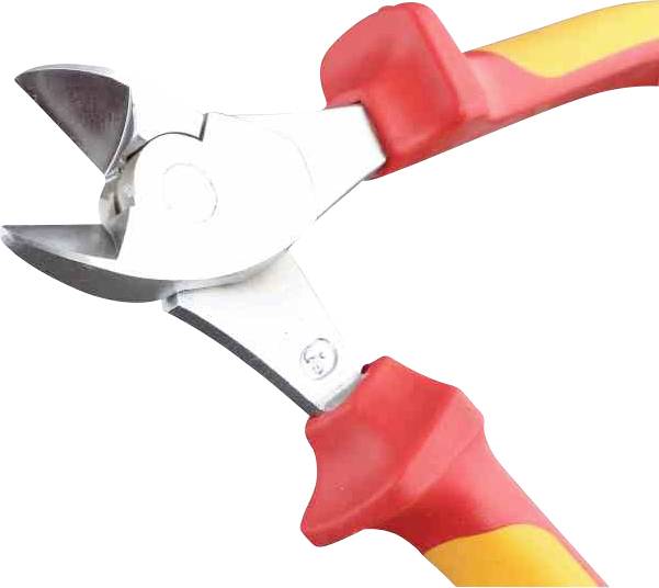 Szczypce z czerwonymi uchwytami i srebrną głowicą tnącą, odpowiednie do cięcia kabli lub przewodów.
