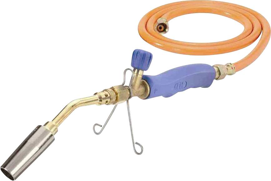 Niebieski palnik gazowy z metalowym czubkiem i długim, pomarańczowym przewodem. Używany jest do podgrzewania lub lutowania.