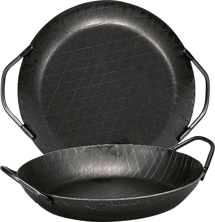 Czarna, okrągła żeliwna patelnia z dwoma uchwytami i ryflowaną powierzchnią, możliwa do ułożenia w stos z drugą identyczną patelnią.