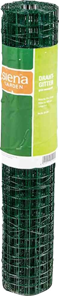 Zielona siatka druciana, marka 'Stena Garden'. Przeznaczona głównie do zastosowań ogrodowych. Rolka w pozycji pionowej.
