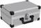 Srebrna walizka z czarną rączką i wzmocnieniami na rogach.
