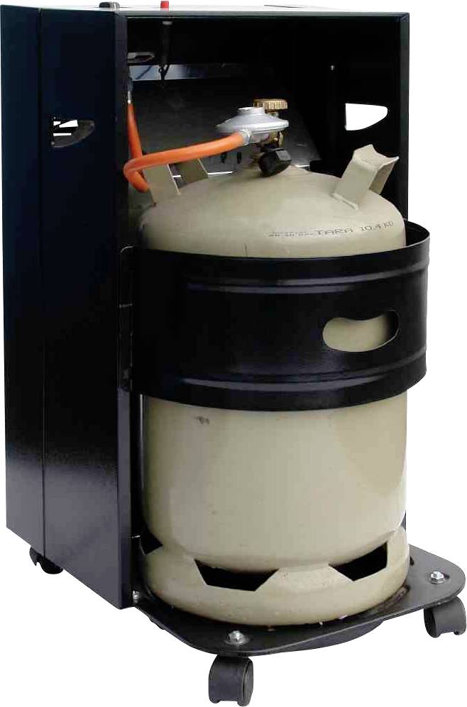 Gazowy grzejnik zasilany butlą gazową w czarnej metalowej ramie, mobilny na kółkach, podłączony pomarańczowym przewodem.