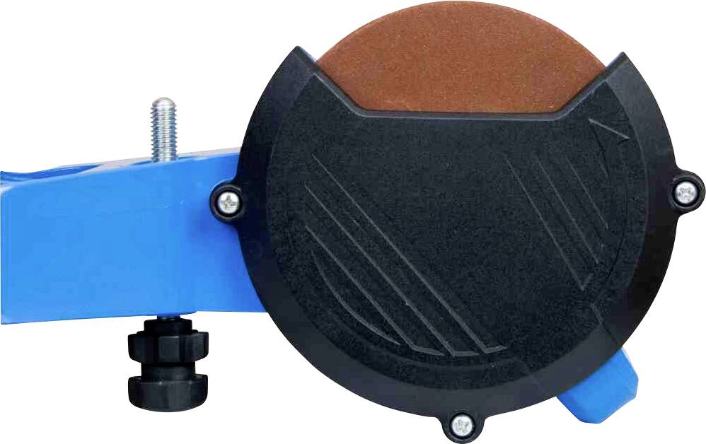 Osełka z pokrywą zamocowana na niebieskim uchwycie, prawdopodobnie będąca częścią maszyny lub narzędzia do obróbki materiałów.