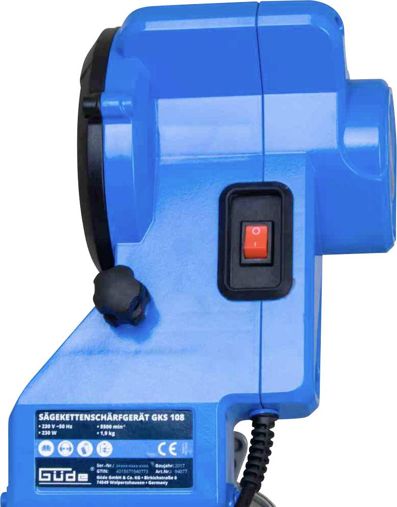 Niebieskie urządzenie do ostrzenia łańcuchów piły z czerwonym przełącznikiem włączania/wyłączania i szczegółami etykiety na pierwszym planie.