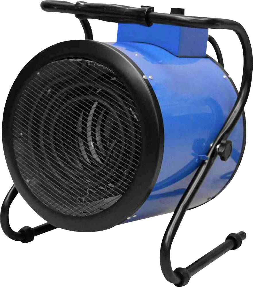 Niebieski, cylindryczny termowentylator z czarną kratką i podstawką, przeznaczony do szybkiego ogrzewania pomieszczeń.