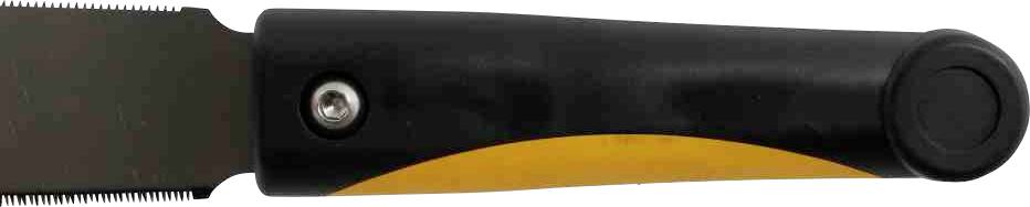 Czarny uchwyt z żółtym paskiem, przymocowany z boku śrubą metalową, prawdopodobnie będący częścią narzędzia lub urządzenia.