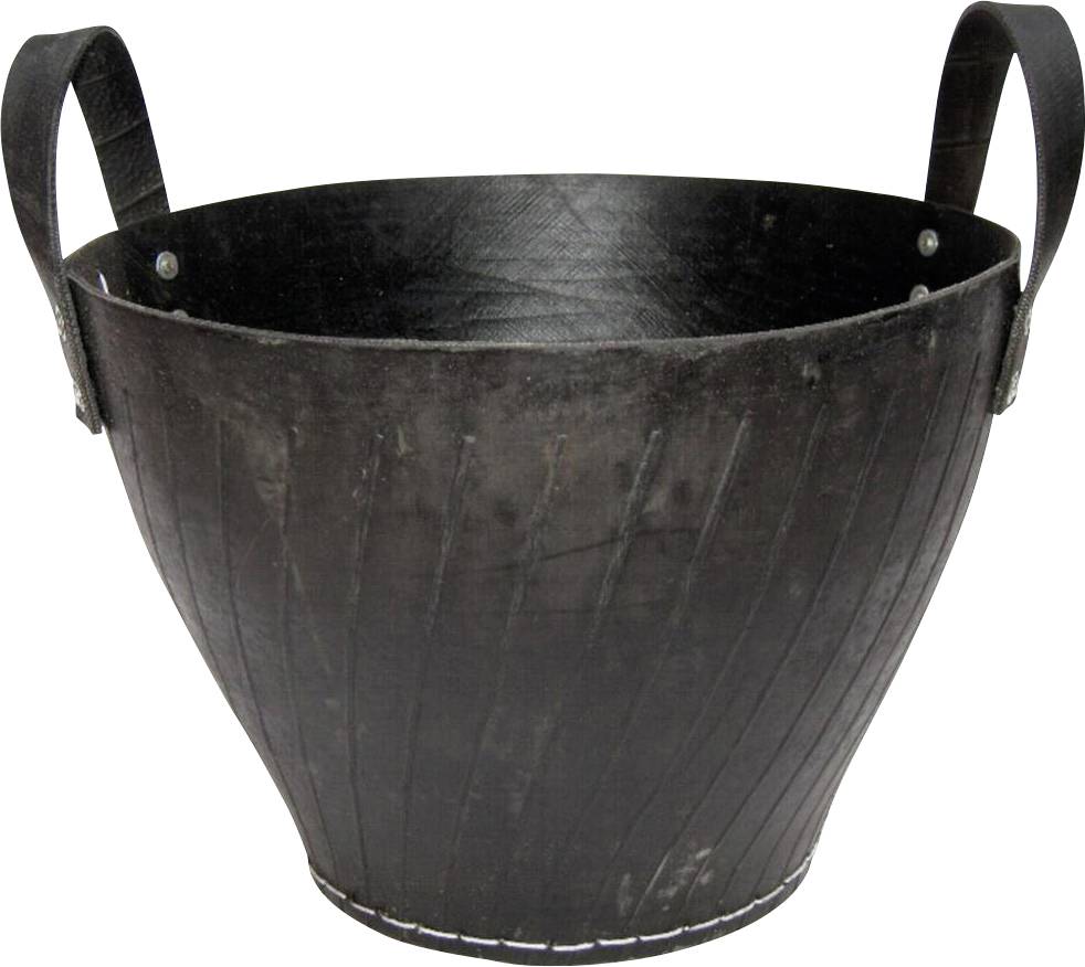 Czarny wiadro wykonane z przetworzonej gumy, wyposażone w dwa uchwyty, o kształcie stożkowatym. Często wykorzystywane w pracach ogrodowych lub do przechowywania.