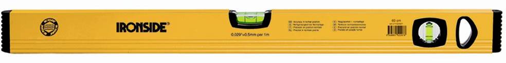 Poziomnica z napisem 'IRONSIDE', w kolorze pomarańczowym, wyposażona w dwie libelle do pomiaru poziomu w pionie i poziomie.
