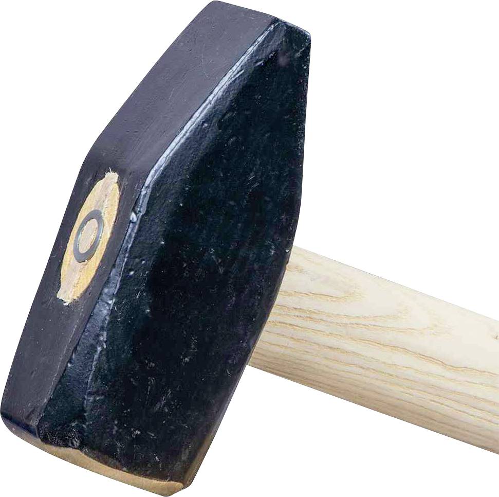 Młotek drewniany z ciemną głowicą i okrągłym wzorem po boku, przedstawiony w ujęciu skośnym.