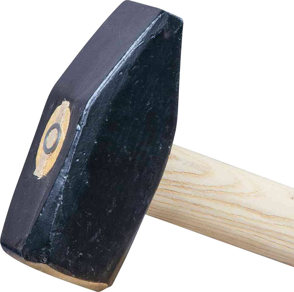 Czarny młot wyburzeniowy z drewnianą rękojeścią leży na skos. Narzędzie jest używane do ciężkich prac i wyburzeń.