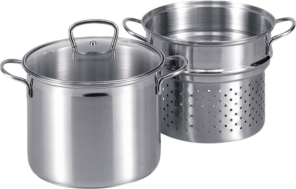 Dwa garnki ze stali nierdzewnej: po lewej stronie duży garnek z pokrywką, po prawej wkładka do gotowania na parze. Stoją na stole.