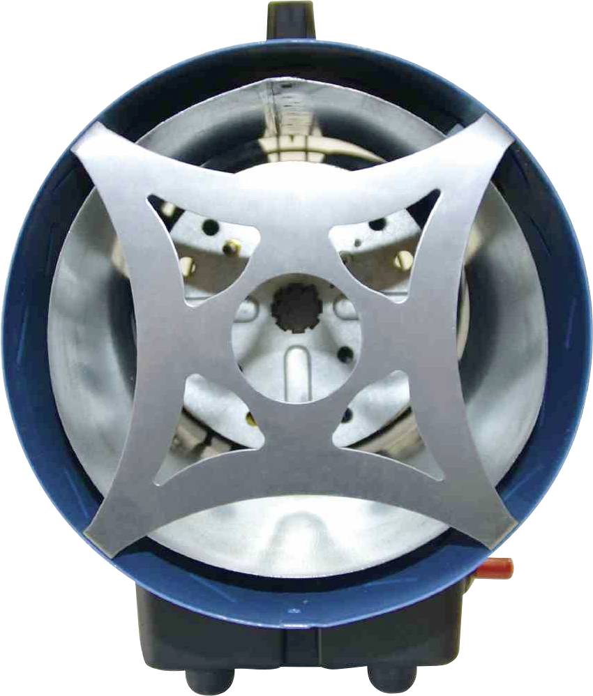 Widok z przodu okrągłego elementu maszyny z krzyżowym metalowym ramowaniem i cylindrycznymi elementami w tle.