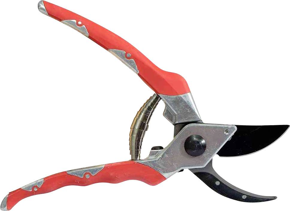 Czerwone nożyce ogrodowe z metalowymi ostrzami i ergonomicznymi uchwytami do prac ogrodniczych.
