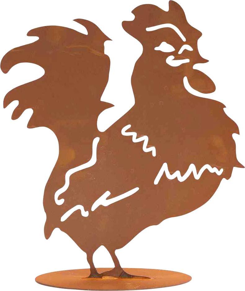 Dekoracyjny kogut z metalu w formie sylwetki, stojący na owalnej podstawie. Idealny do dekoracji ogrodu lub domu.
