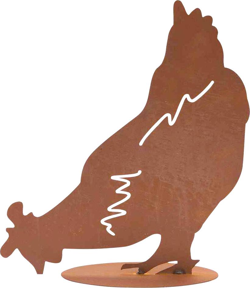 Kunszt żelaza przedstawiający stylizowanego kurczaka z wyrazistymi białymi liniami, osadzony na solidnej podstawie.