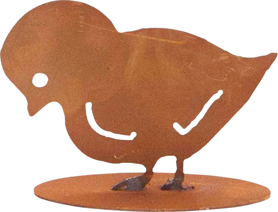 Płaski, pomarańczowy metalowy ptak z wygiętą szyją stoi na owalnej podstawie.