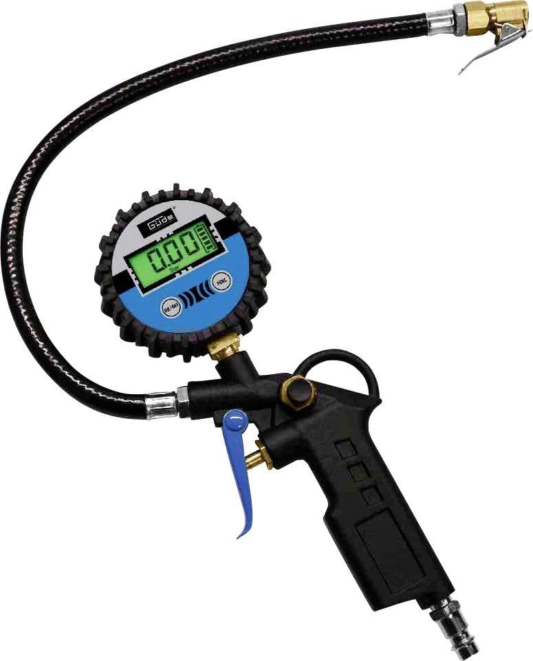 Cyfrowy miernik ciśnienia w oponach z wężem i manometrem do sprawdzania ciśnienia w oponach, obudowa w kolorze czarnym, wyświetlacz w kolorze niebiesko-czarnym.