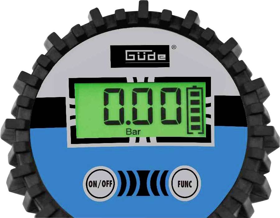 Cyfrowy manometr z zielonym wyświetlaczem pokazuje '0,00 Bar'. Poniżej dwa przyciski: 'ON/OFF' i 'FUNC'. Nazwa marki na górze urządzenia.