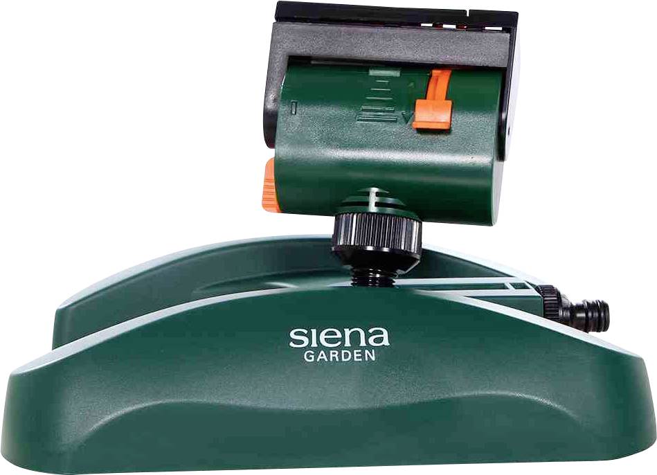 Zielony zraszacz trawnikowy z regulowaną dyszą, przeznaczony do równomiernego nawadniania ogrodu, marki Siena Garden.