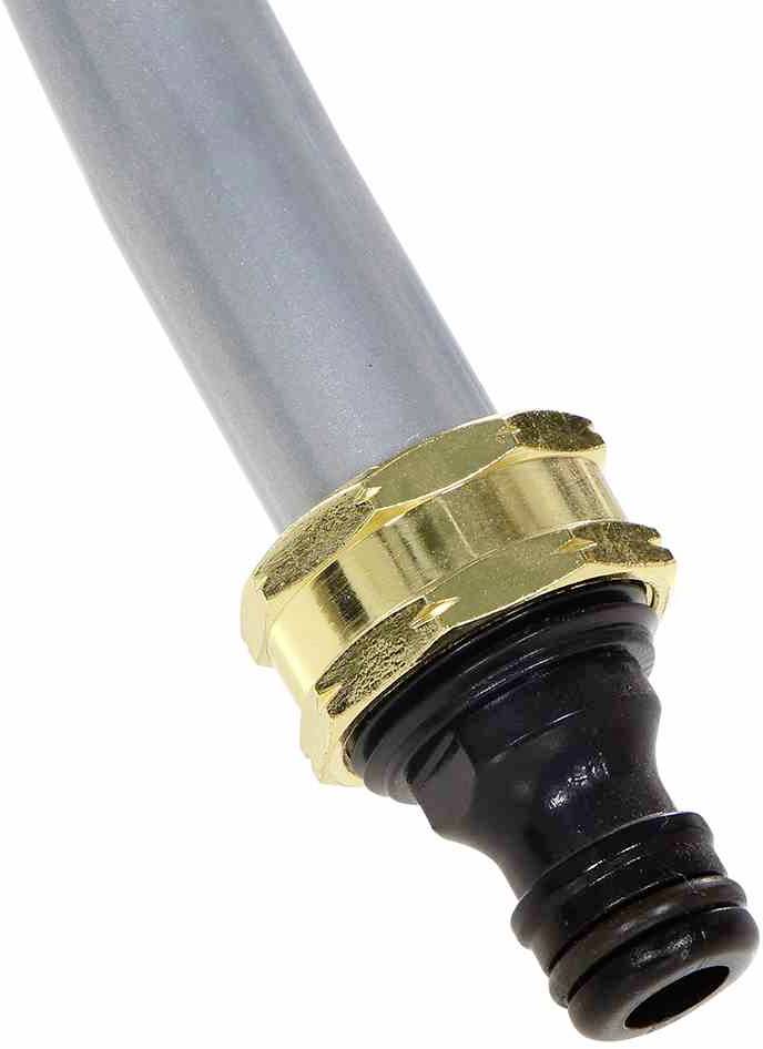 Zbliżenie metalowej rury z pierścieniem gwintowanym w kolorze złotym i czarnym elementem przyłączeniowym na końcu.