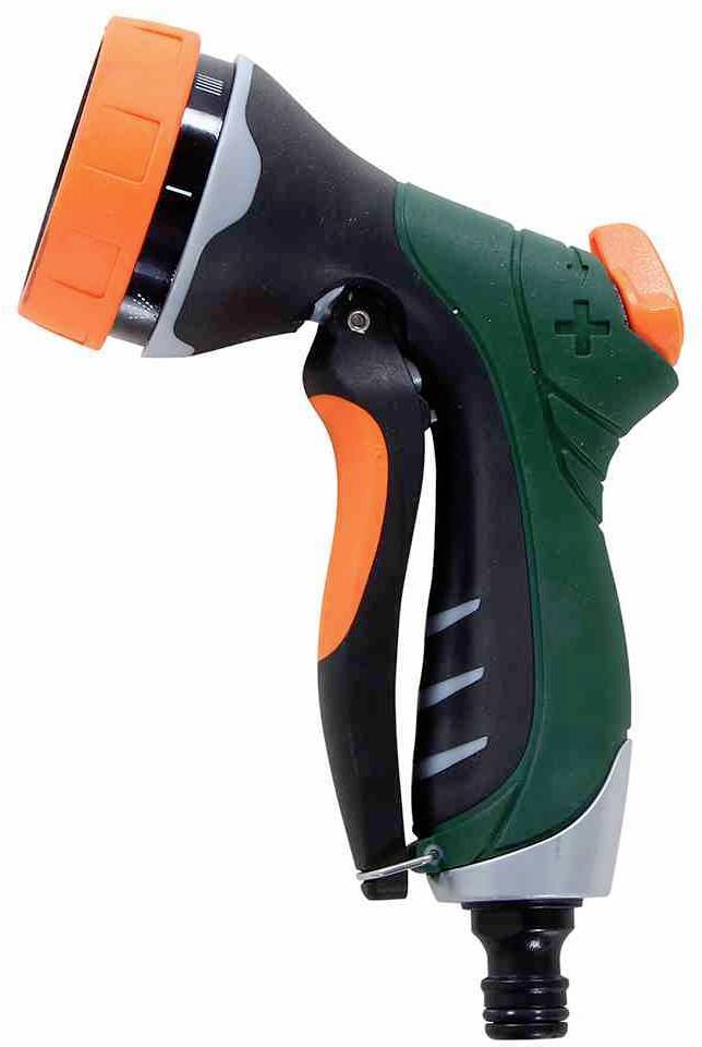 Zielony zraszacz ogrodowy z pomarańczowym obszarem natrysku i uchwytem, widok z boku.
