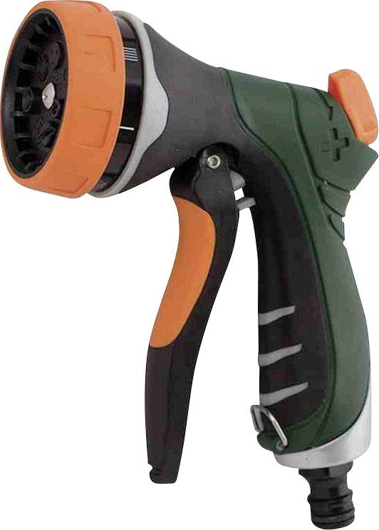 Zielony pręt do podlewania z czarną rączką i pomarańczowymi akcentami, przystosowany do różnych wzorów rozpylania.