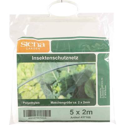Siatka przeciw owadom marki Siena Garden, wykonana z polietylenu, oczka około 2 x 2 mm, rozmiar 5 x 2 m, numer artykułu 437165.