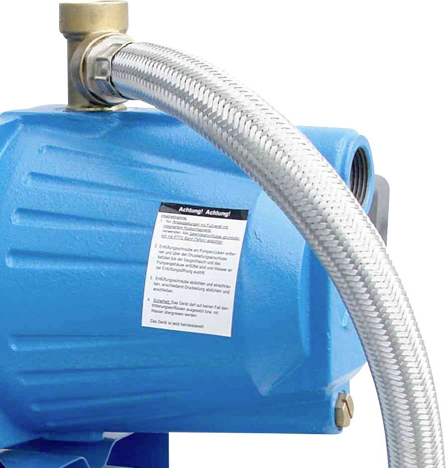 Niebieskie urządzenie z elastycznym, metalowym przewodem na górze. Na górze znajduje się ostrzeżenie w języku niemieckim z instrukcjami bezpieczeństwa.