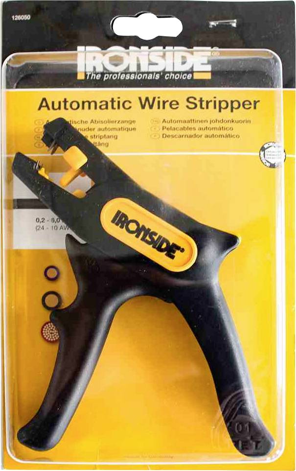 Automatyczny ściągacz izolacji IRONSIDE w opakowaniu blistrowym. Automatyczna funkcja, odpowiedni dla przewodów o przekroju 0,2–6 mm² (24-10 AWG).