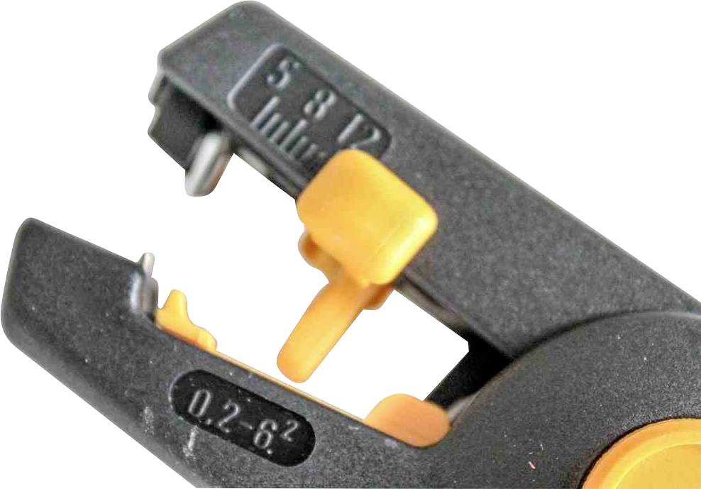 Szczypce do zdejmowania izolacji z przewodów z podziałką 0,2-6,2 mm. Odpowiednie do zdejmowania izolacji z przewodów o różnych rozmiarach. Głównie czarne z pomarańczowymi elementami.