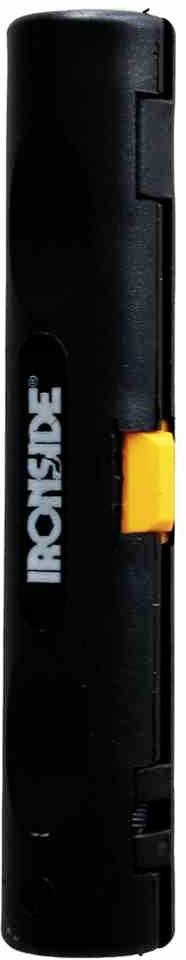 Czarna latarka IRONSIDE z pomarańczowym przełącznikiem, ustawiona pionowo.