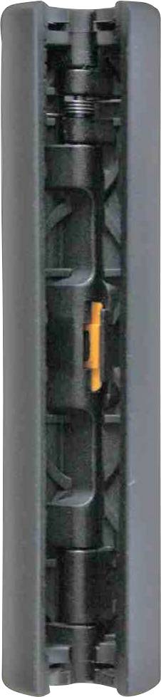 Długi, pionowy, techniczny mechanizm w ciemnej obudowie, prezentujący pomarańczowy punkt w centrum.