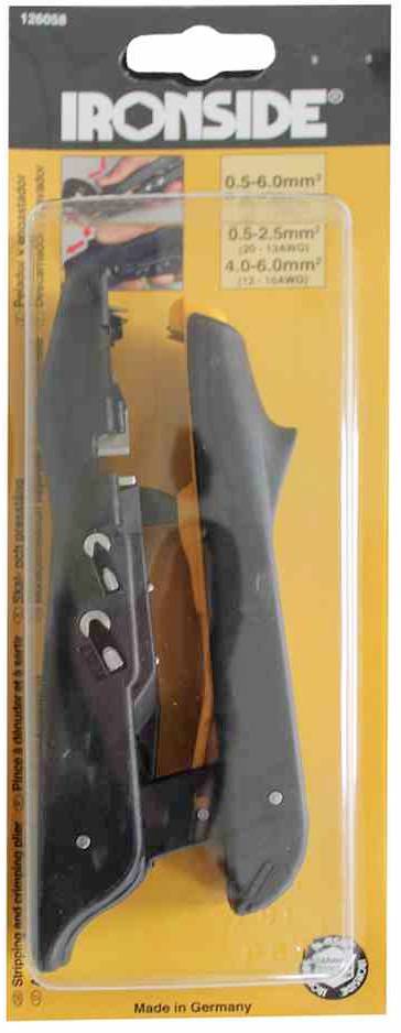 Opakowanie ściągacza izolacji IRONSIDE dla przewodów. Ściągacz jest w kolorze czarnym i nadaje się do przewodów o przekroju 0,5-6,0 mm².