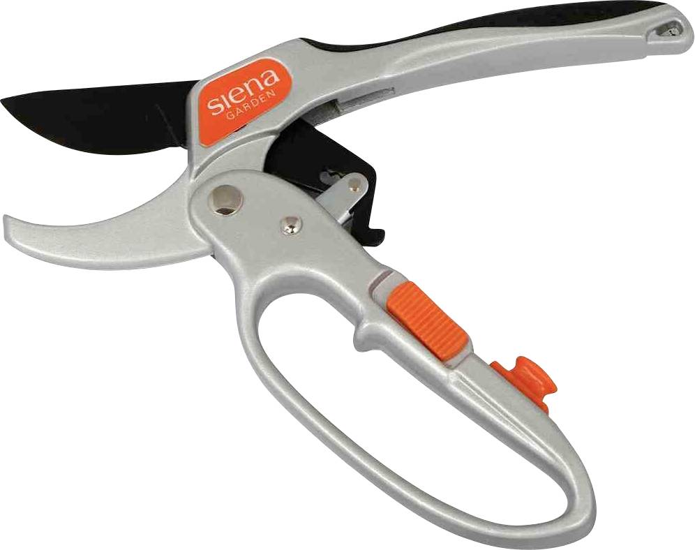 Srebrne nożyce ogrodowe z pomarańczowymi akcentami i zakrzywioną klingą, idealne do przycinania roślin w ogrodzie.