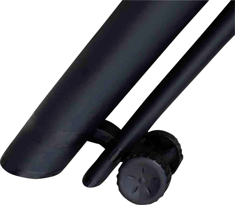 Czarne metalowe rurki z kółkiem od spodu, stanowiące element urządzenia lub elementu wyposażenia, prawdopodobnie przeznaczone do przemieszczania.