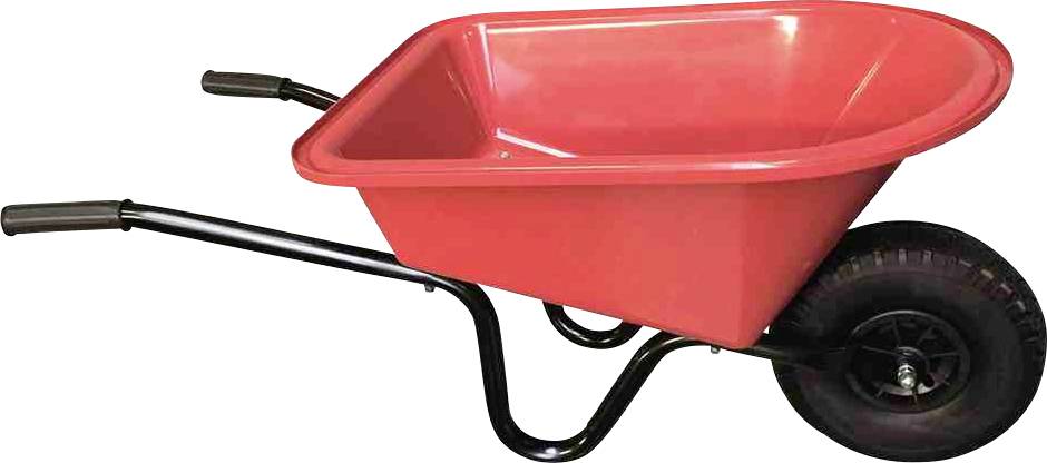 Pojedyncza czerwona taczka z czarną ramą i jednym kołem, umieszczona na białej powierzchni.