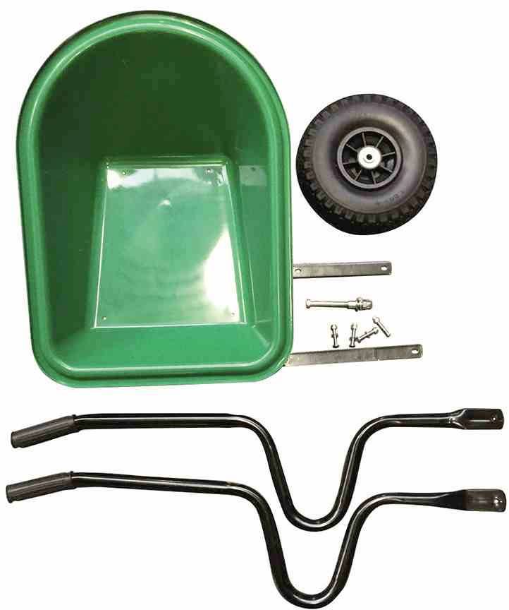 Zestaw do montażu taczki z zielonym pojemnikiem, czarnym kołem, elementami metalowymi i dwoma czarnymi uchwytami na białym tle.