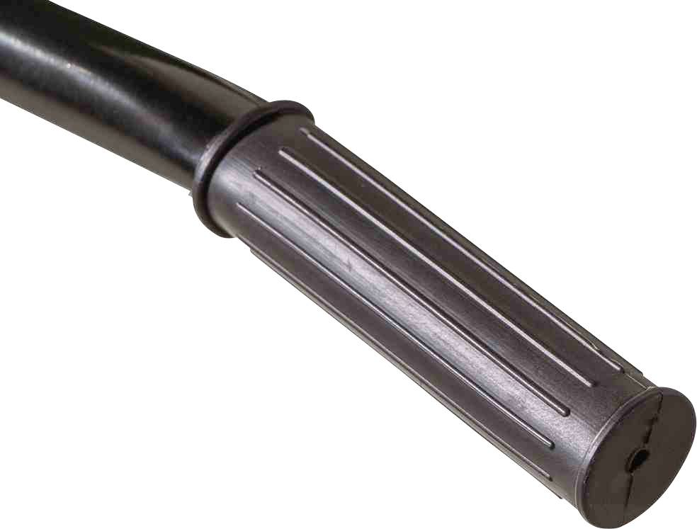 Czarny uchwyt rurowy z podłużnymi wgłębieniami, prawdopodobnie należący do jakiegoś narzędzia lub urządzenia, na białym tle.