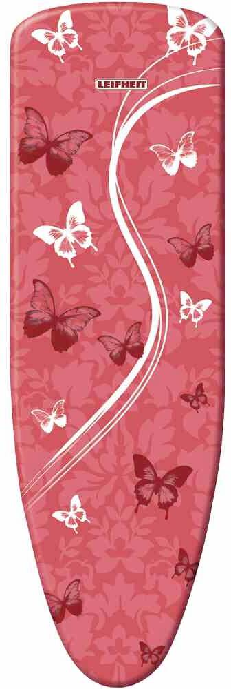 Pokrowiec na deskę do prasowania z motywem motyli w różnych odcieniach czerwieni.