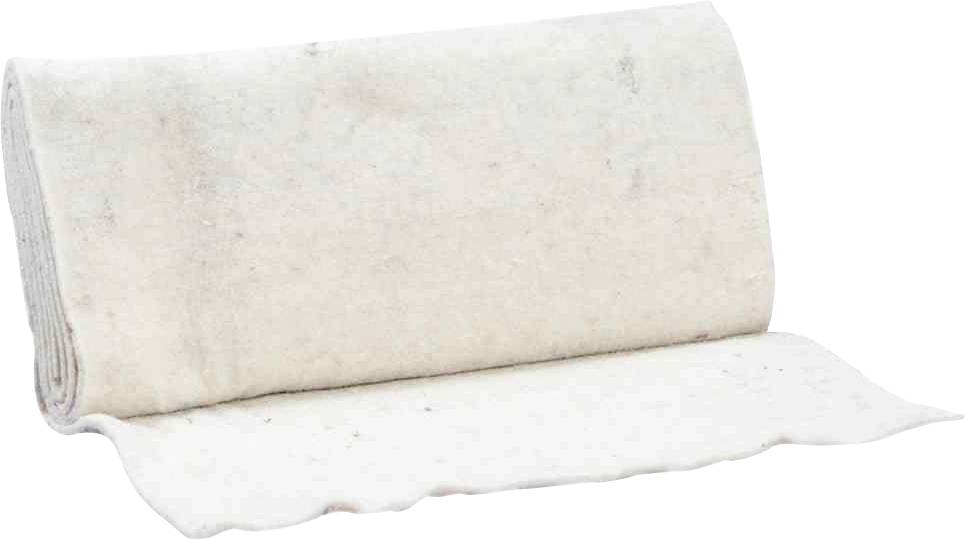 Rolka białej, grubej, pofałdowanej tkaniny filcowej leży na stole. Materiał wydaje się miękki i puszysty.
