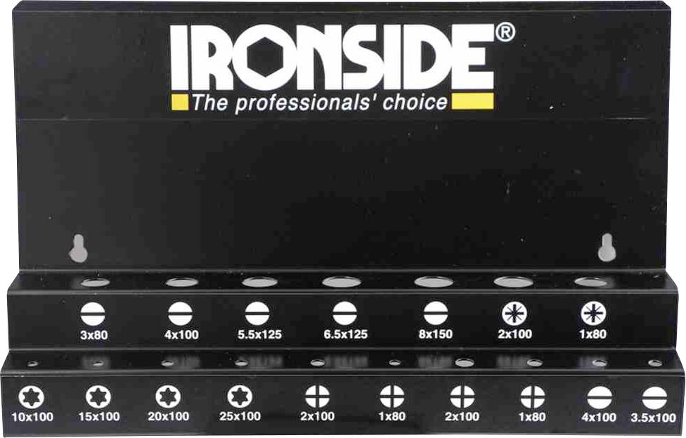 Zestaw narzędzi Ironside w czarnym uchwycie. Zawiera różne końcówki w różnych rozmiarach i kształtach, odpowiednie do różnych rodzajów śrub.