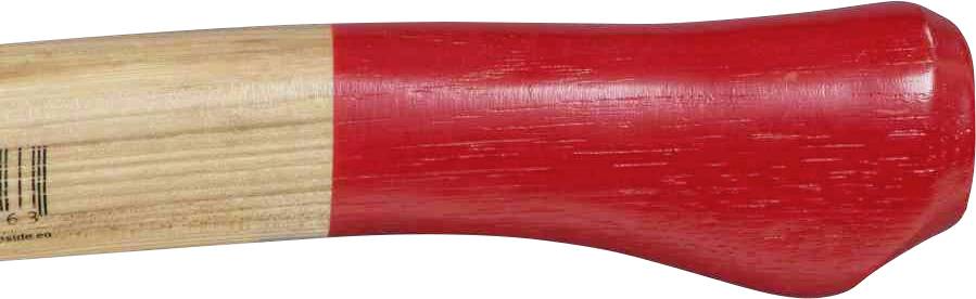 Rękojeść młotka wykonana z drewna, zakończona czerwoną powłoką lakierniczą.