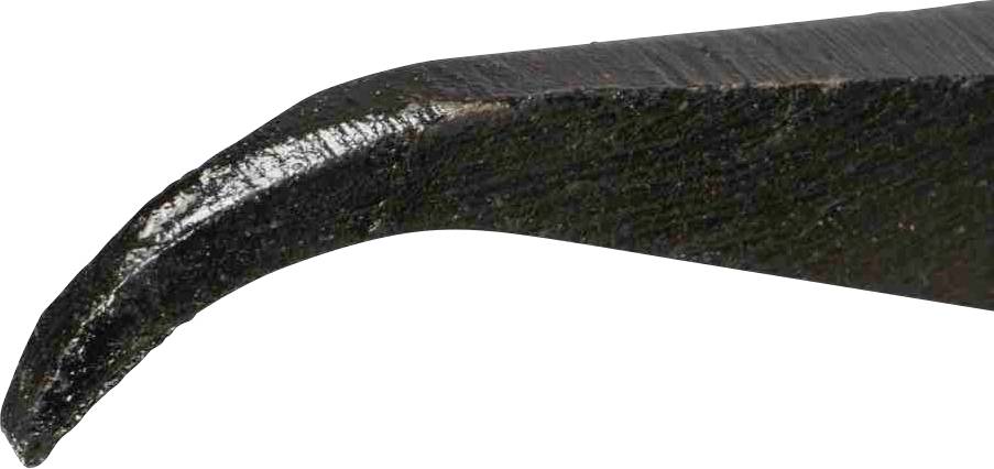 Zbliżenie czarnego narzędzia z zakrzywionym, ostro zakończonym końcem. Prawdopodobnie służy do podnoszenia lub ciągnięcia.