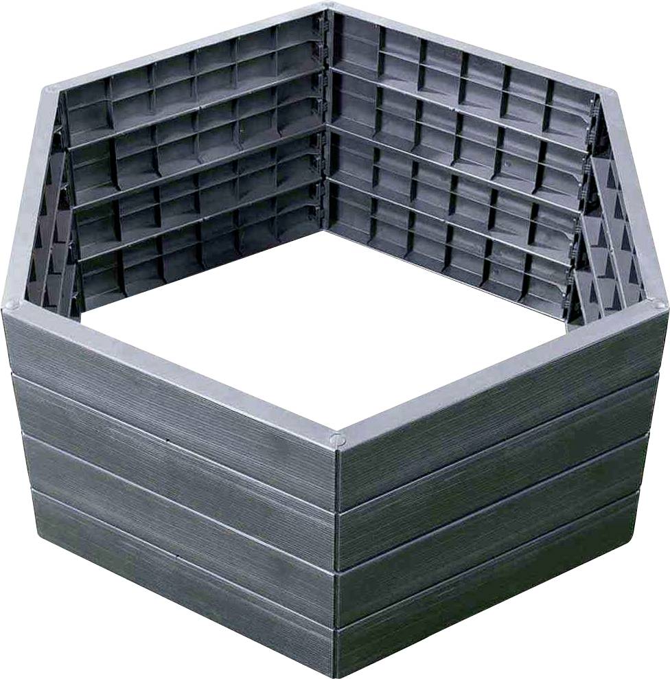 Kwadratowa wysoka grządka z ciemnego tworzywa sztucznego z wzmocnionymi ściankami wewnętrznymi, odpowiednia do uprawy warzyw lub kwiatów w ogrodzie.