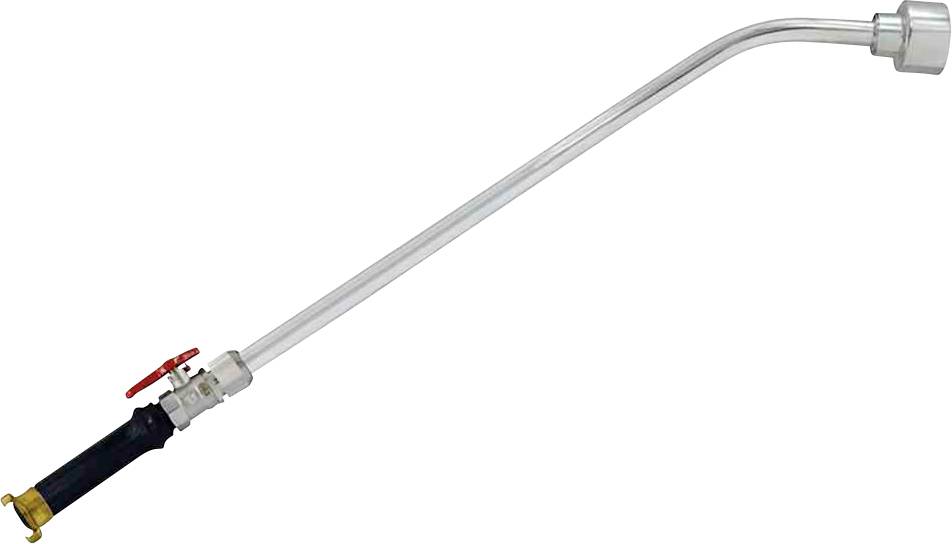 Długi, zakrzywiony pręt metalowy z uchwytem i zaworem na dolnym końcu, używany do przenoszenia płynów lub czyszczenia pod ciśnieniem.