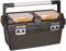 Czarny skrzynka narzędziowa z dwoma przezroczystymi przegródkami na górze; solidny uchwyt ułatwiający transport.